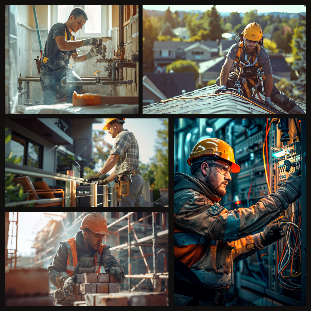 imagine prompt A photographic style of a builder repairing a rooftop, wearing a safety harness and helmet, determined expression, dynamic pose, straight-on angle. The builder is on a suburban hous